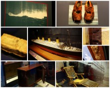 Titanic mementos (clockwise) 1. Picture of an iceberg taken near the location of where the ship sank 2. Shoes of an unnamed child 3 – 4. Woodwork 5. Chair 6. Cabinet 7. Part of a life jacket, believed to be belonging from John Jacob Astor